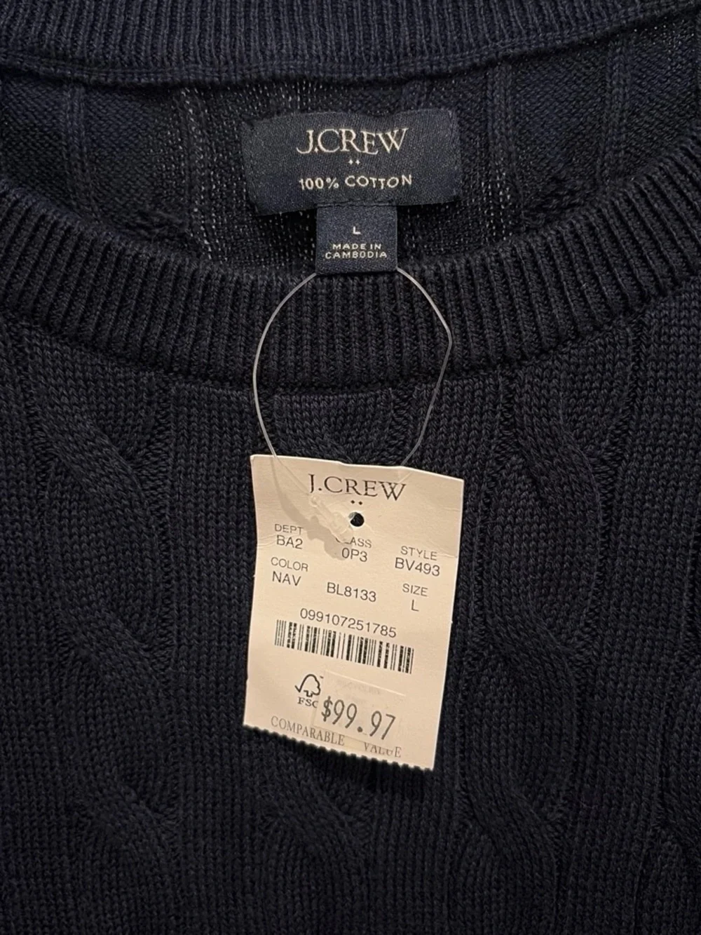 J. Crew Navy Cable‑Knit Cotton Crewneck Sweater